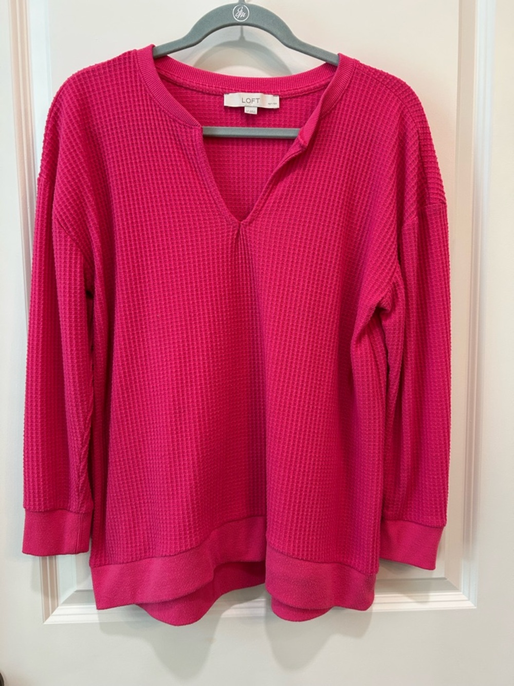 LOFT Bright Pink Waffle-Knit Split V-Neck Sweater